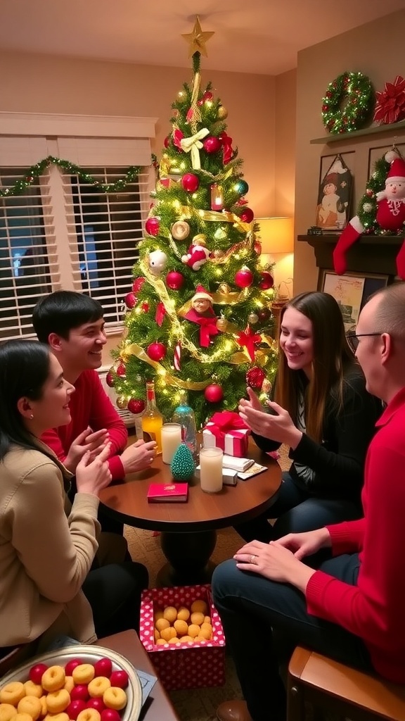 Group of people enjoying Christmas games at a festive party with decorations and a Christmas tree.